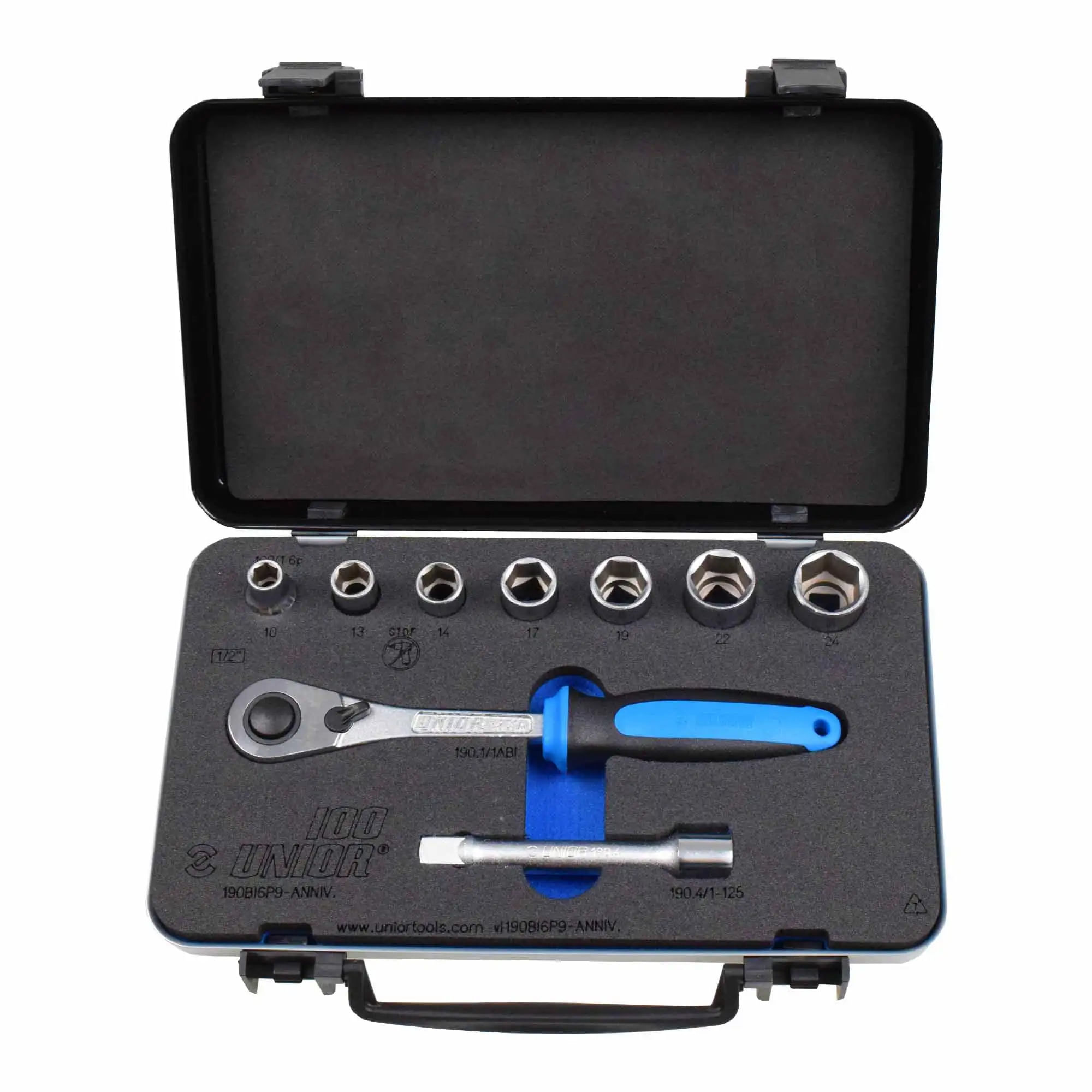 190BI6P9-ANNIV Trusa 7 capete chei tubulare 1/2" de la 10 la 24 si antrenor cu clichet reversibil, in cutie metalica — imaginea 2