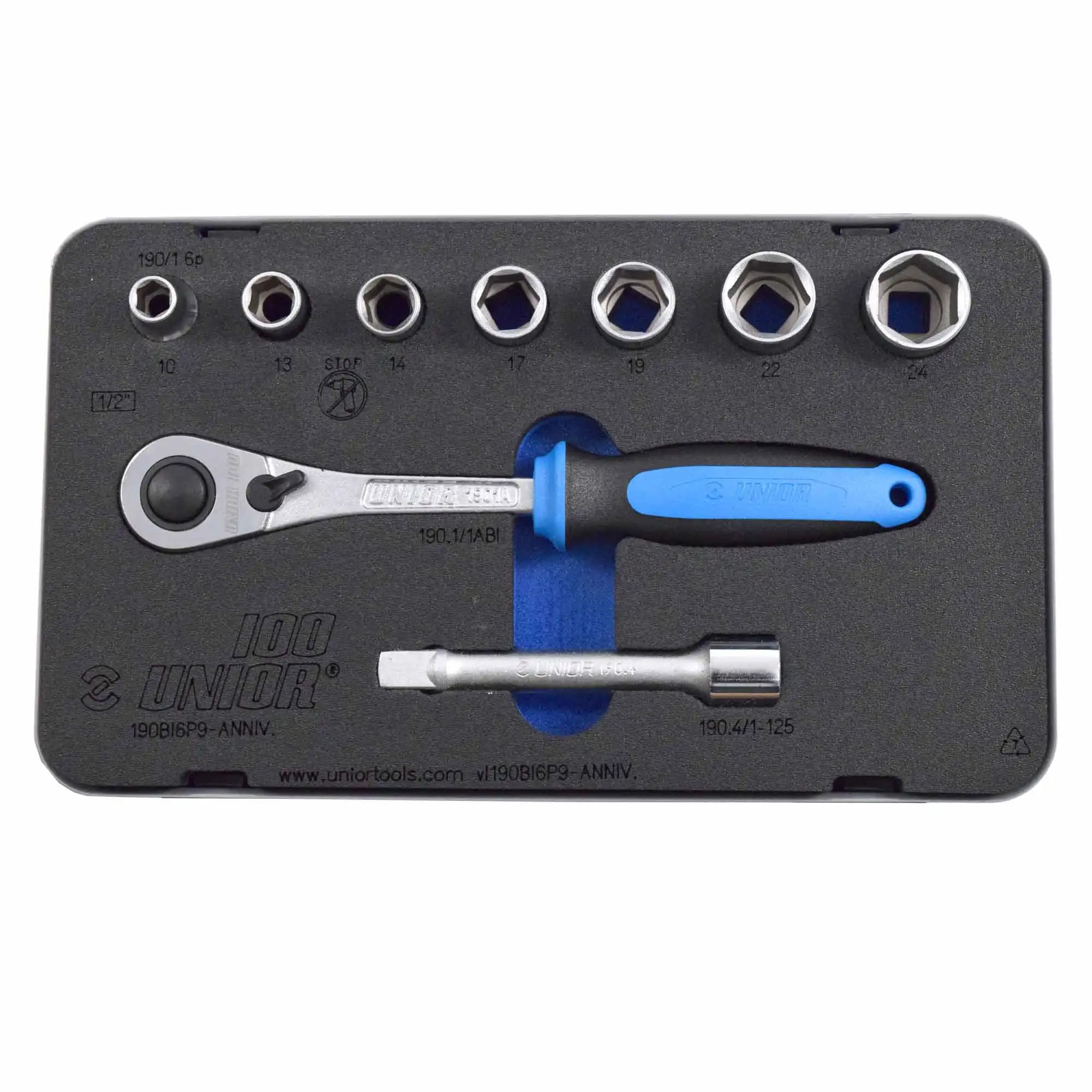 190BI6P9-ANNIV Trusa 7 capete chei tubulare 1/2" de la 10 la 24 si antrenor cu clichet reversibil, in cutie metalica — imaginea 3