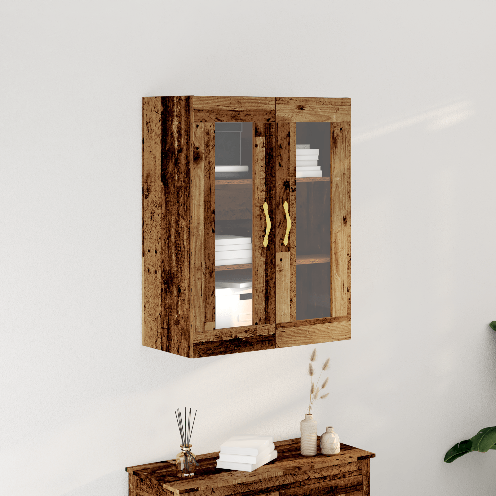 Dulap suspendat cu usi din sticla, lemn vechi, 69,5x34x90 cm — imaginea 2