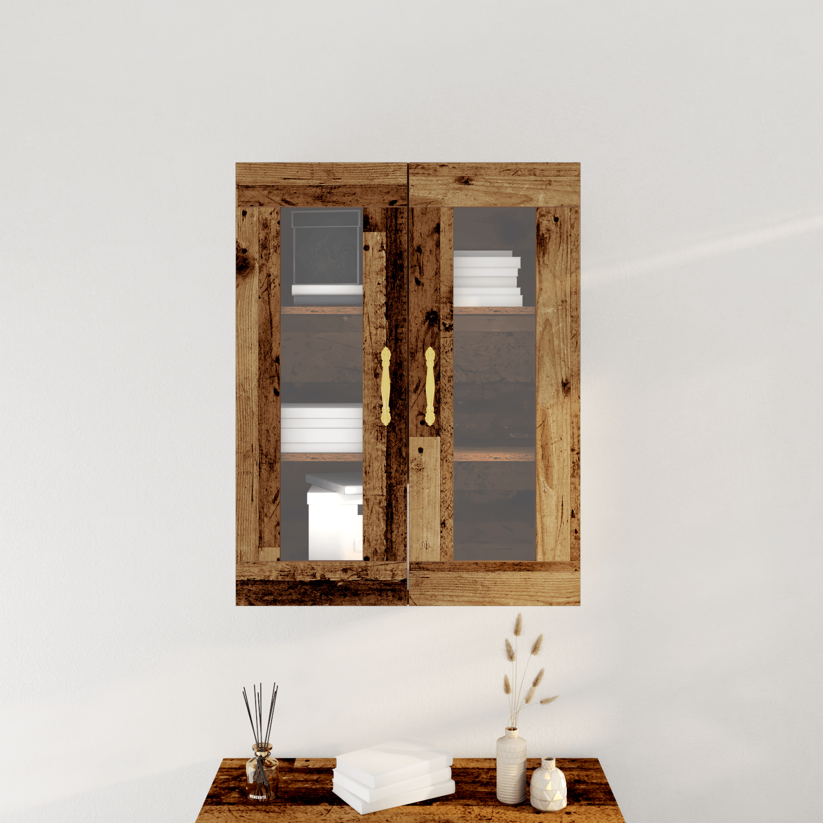 Dulap suspendat cu usi din sticla, lemn vechi, 69,5x34x90 cm — imaginea 4