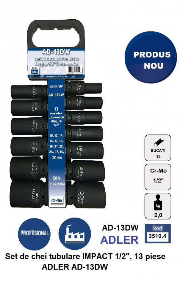 Set de chei tubulare IMPACT 1/2", 13 piese ADLER AD-13DW varianta lunga — imaginea 2