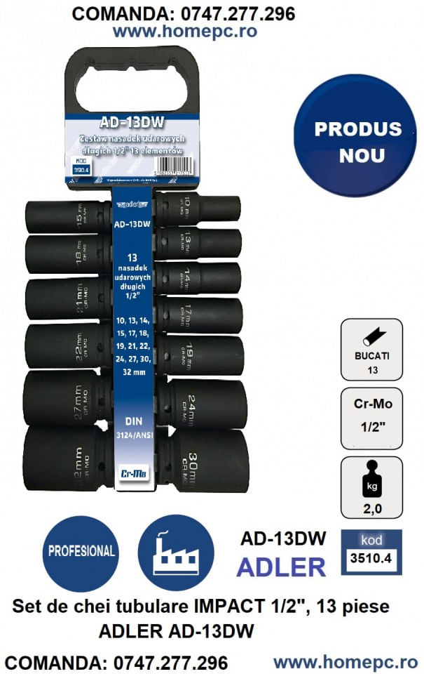 Set de chei tubulare IMPACT 1/2", 13 piese ADLER AD-13DW varianta lunga — imaginea 3