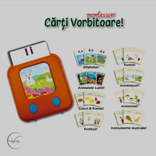 Joc educativ electronic Montessori, 112 carduri, scaner audio interactiv, multicolor, 3+ ani