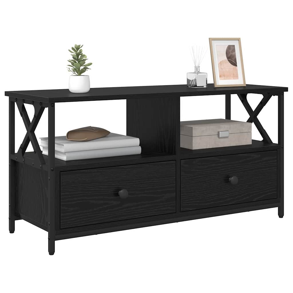 Cabinet TV Stejar Negru 90 x 33 x 45 cm Lemn ingineresc si otel — imaginea 4