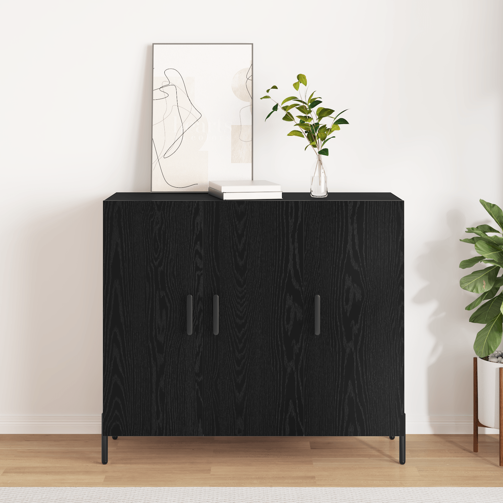 Bufet Stejar Negru 90x34x80 cm Fabricat din Lemn Prelucrat — imaginea 2
