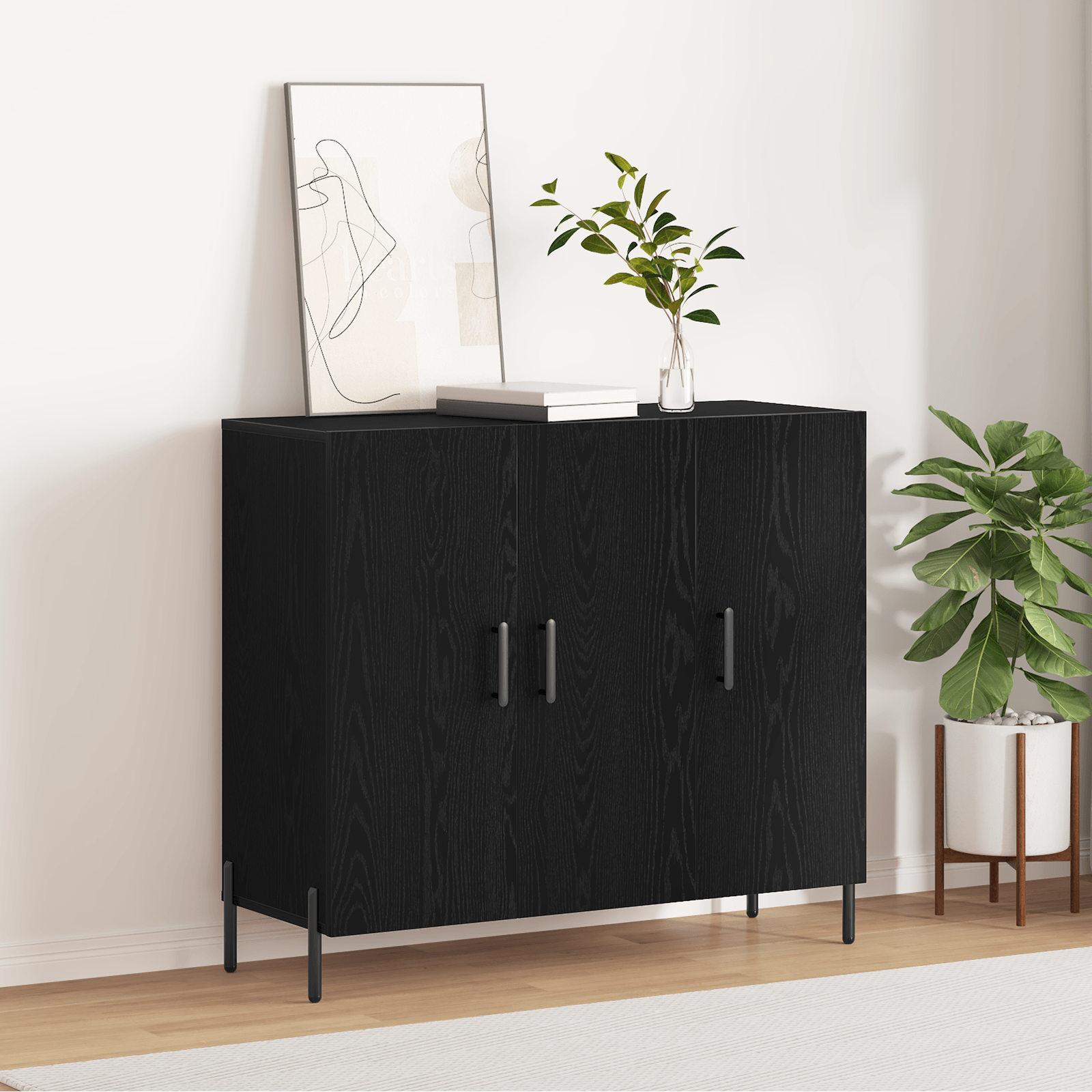 Bufet Stejar Negru 90x34x80 cm Fabricat din Lemn Prelucrat — imaginea 4