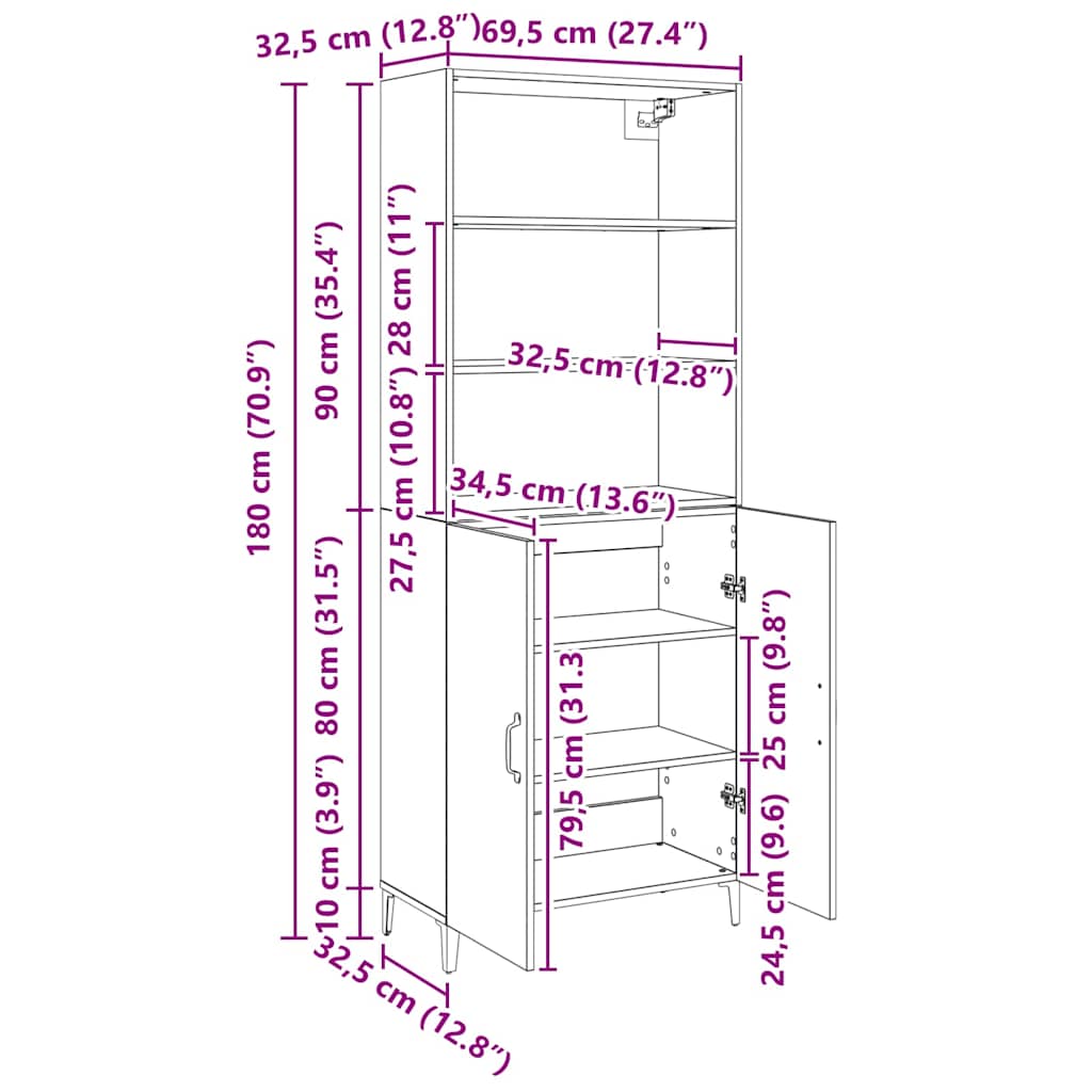 Bufet Stejar negru 69.5 x 32.5 x 180 cm Lemn compozit — imaginea 10