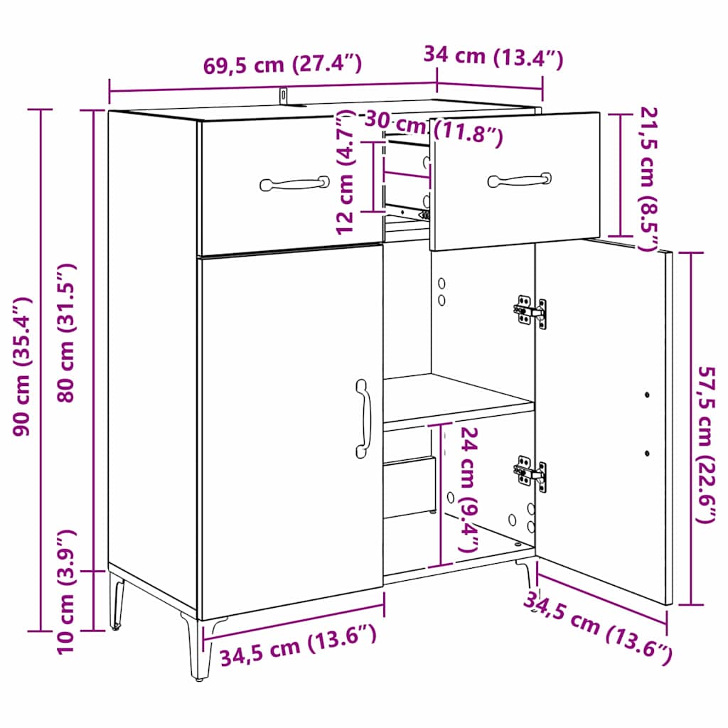 Bufet stejar artizanal 34 x 69.5 x 90 cm Lemn compozit — imaginea 11