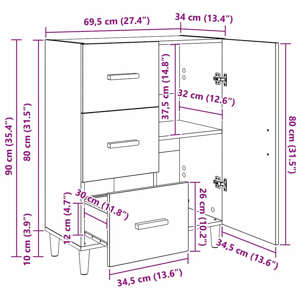 Bufet stejar artizanal 34 x 69.5 x 90 cm Lemn compozit — imaginea 12