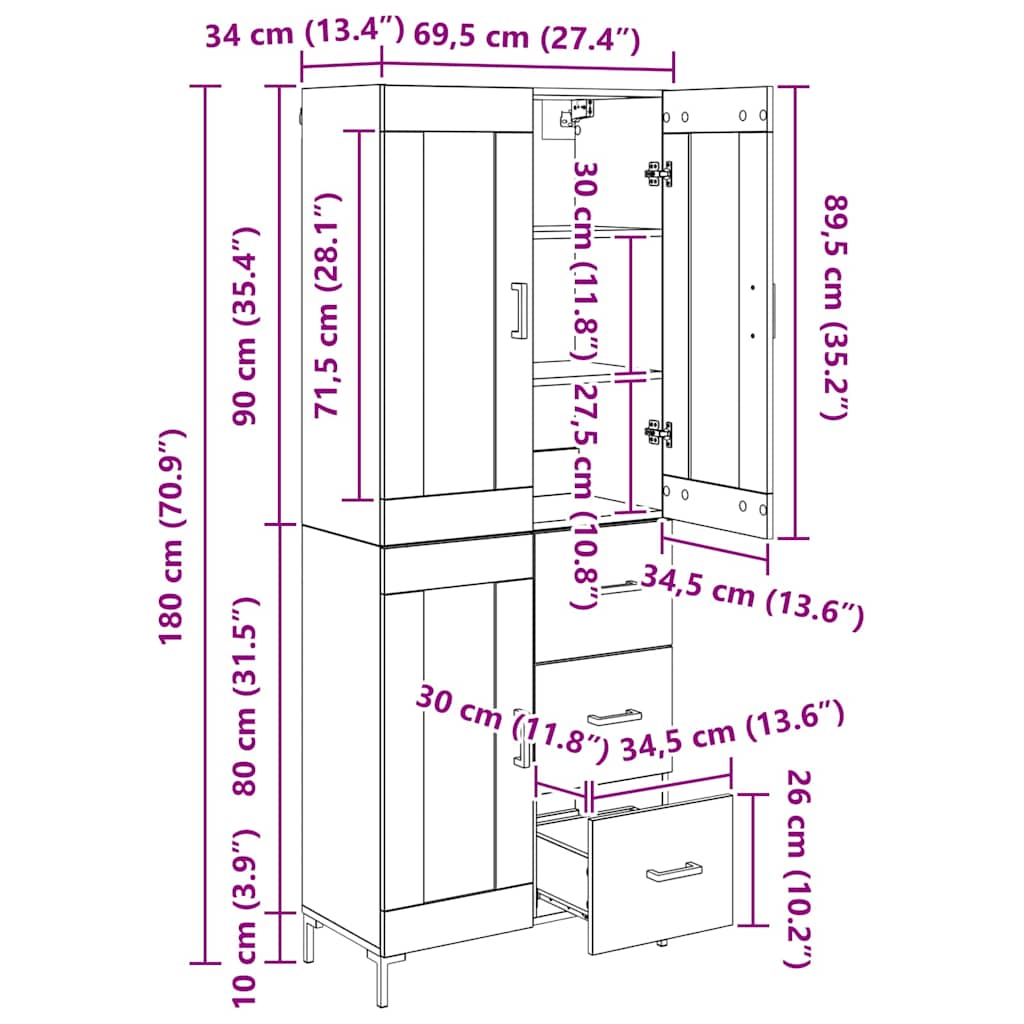 Bufet Stejar Artizanal 69,5 x 34 x 180 cm Lemn compozit — imaginea 13