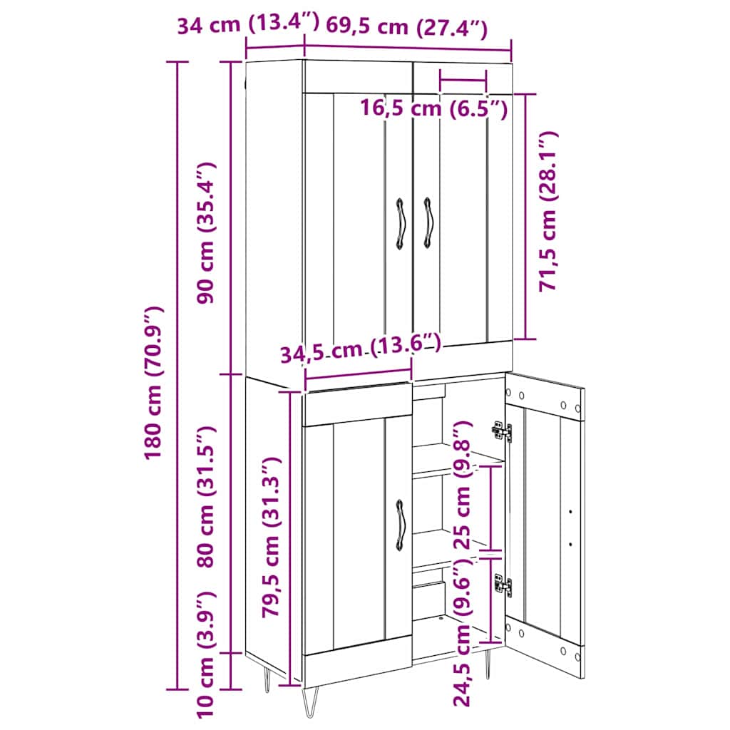 Bufet Stejar Artizanal 69,5 x 34 x 180 cm Lemn compozit — imaginea 13