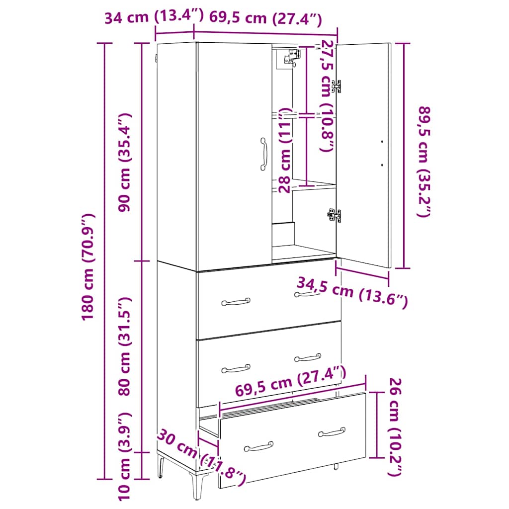 Bufet Stejar Artizanal 69,5 x 34 x 180 cm Lemn compozit — imaginea 13