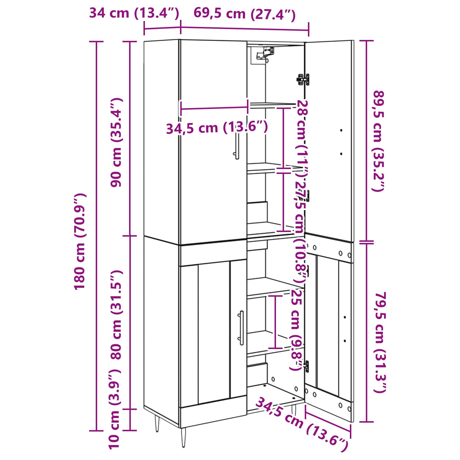 Bufet Stejar Artizanal 69,5 x 34 x 180 cm Lemn compozit — imaginea 13