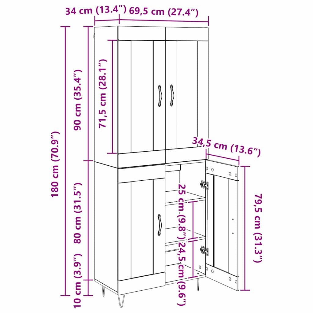 Bufet Stejar Artizanal 69,5 x 34 x 180 cm Lemn compozit — imaginea 13
