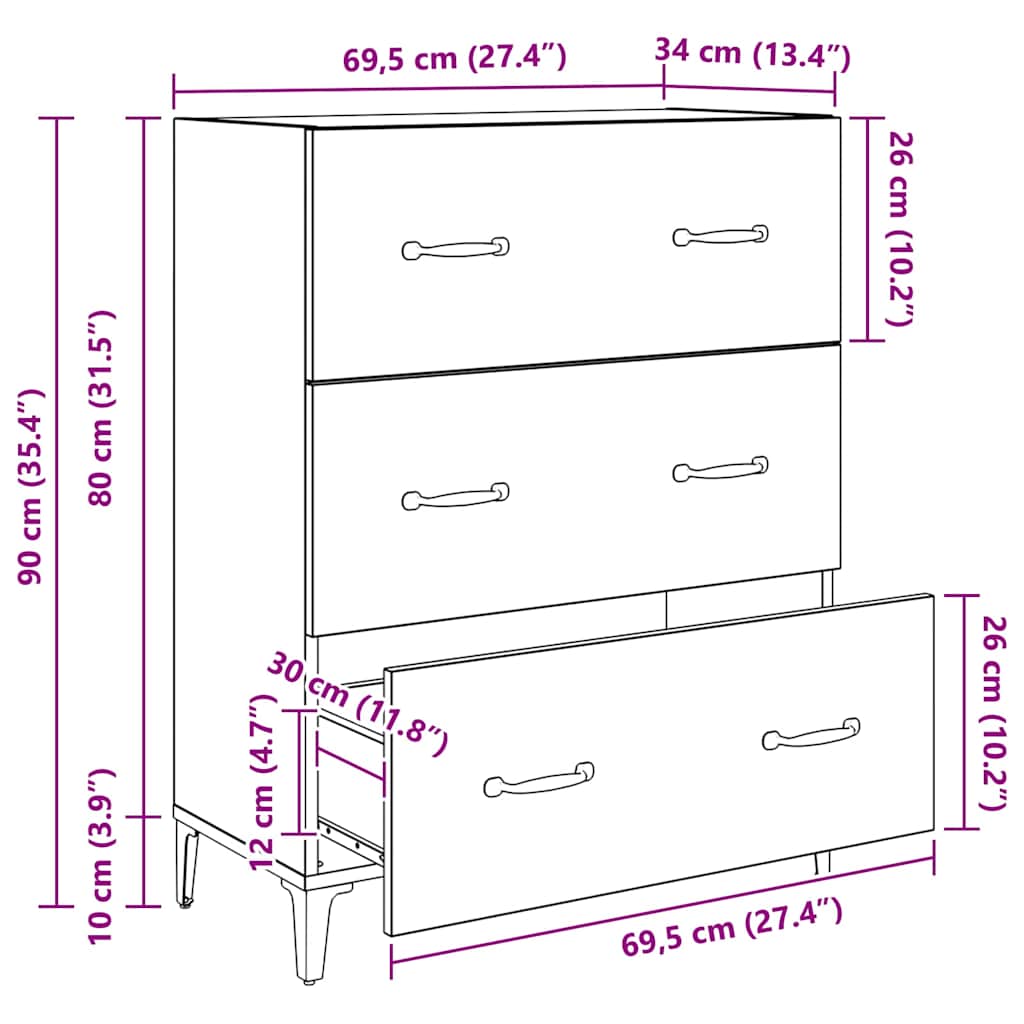 Bufet Stejar Negru 69,5 x 34 x 90 cm Lemn Ingineresc si Fier — imaginea 13
