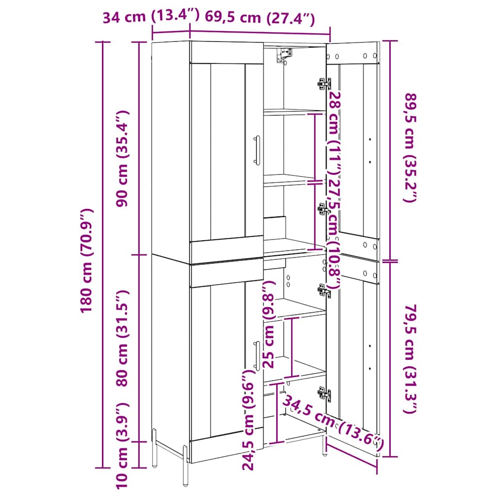 Bufet Stejar Artizanal 69,5 x 34 x 180 cm Lemn compozit — imaginea 13