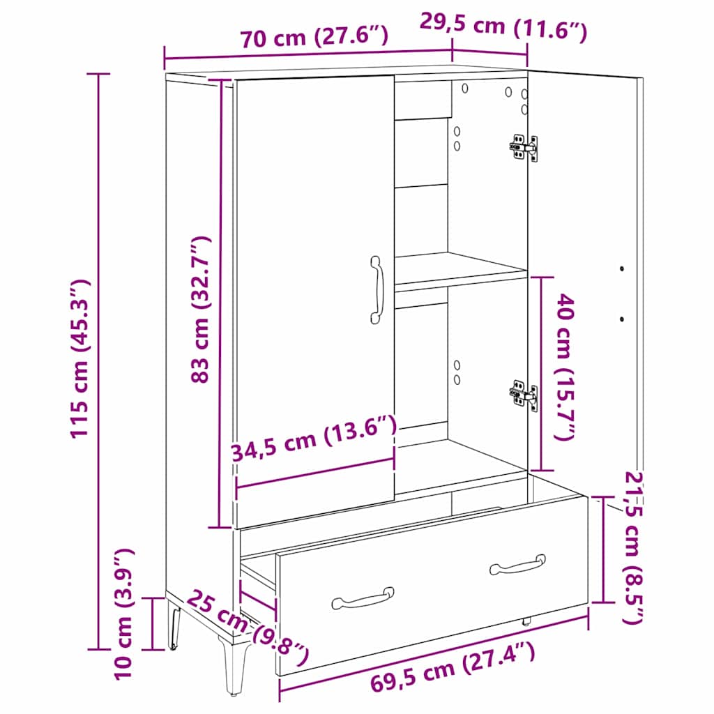 Bufet Stejar Negru 70 x 31 x 115 cm Lemn Ingineresc si Fier — imaginea 11