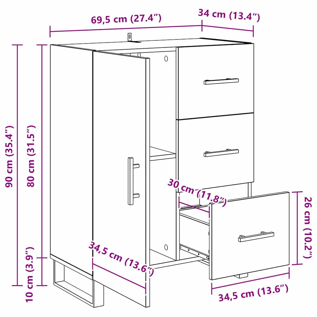 Bufet Stejar Negru 69,5 x 34 x 90 cm Lemn Ingineresc si Fier — imaginea 12