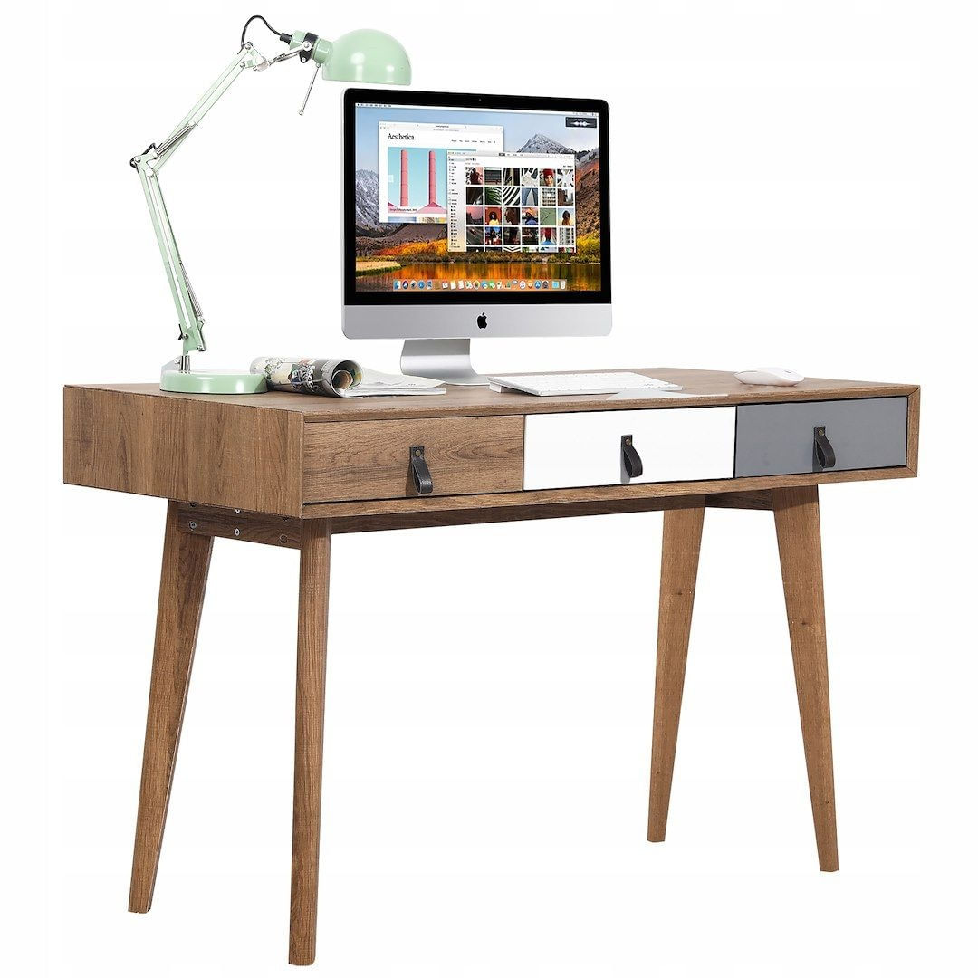 Birou Jumi, cu 3 sertare, 120x55x75 cm, design modern din lemn MDF, culoare stejar deschis — imaginea 2