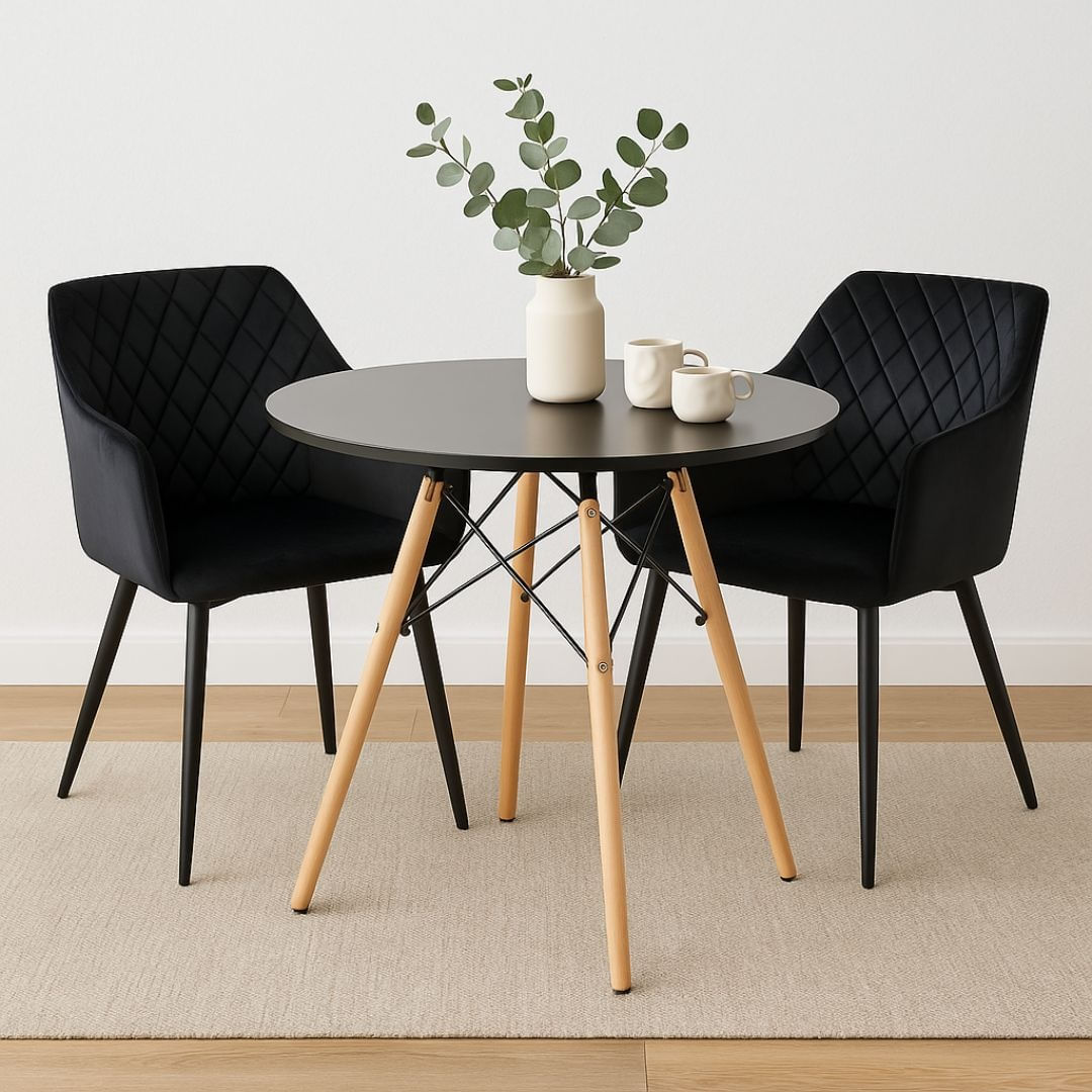 Masa rotunda Jumi, model scandinav, 80x80 cm, din MDF negru, cu picioare din lemn masiv — imaginea 5