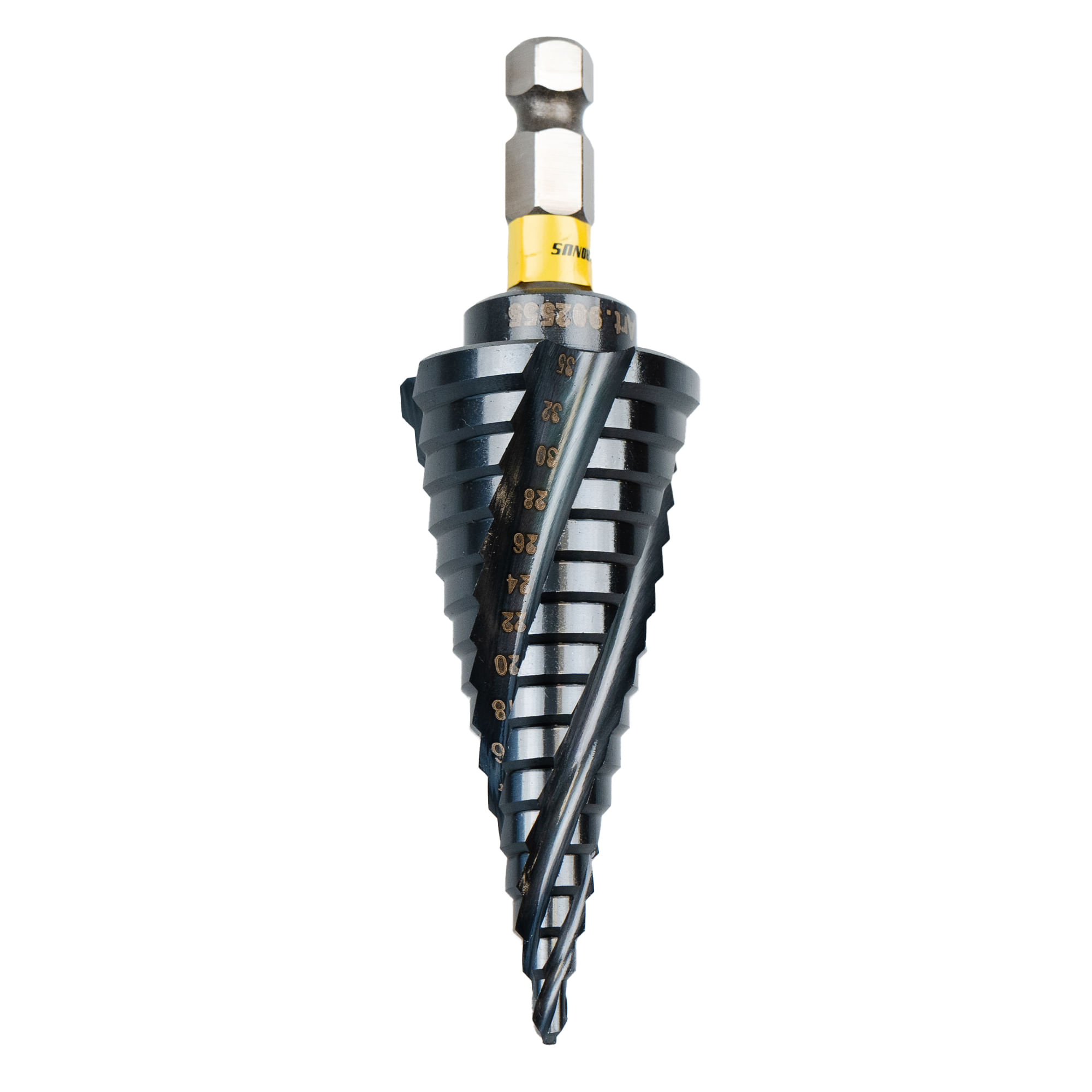 902555 Burghiu in trepte HSS M35 Co 5% cu 4 canale elicoidale, cu coada hexagonala, acoperire TiAN