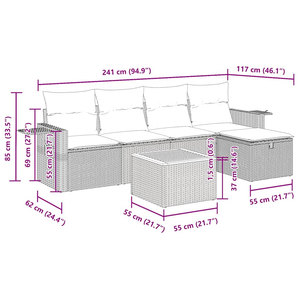 Set mobilier de gradina cu perne, 6 piese, negru, poliratan — imaginea 13
