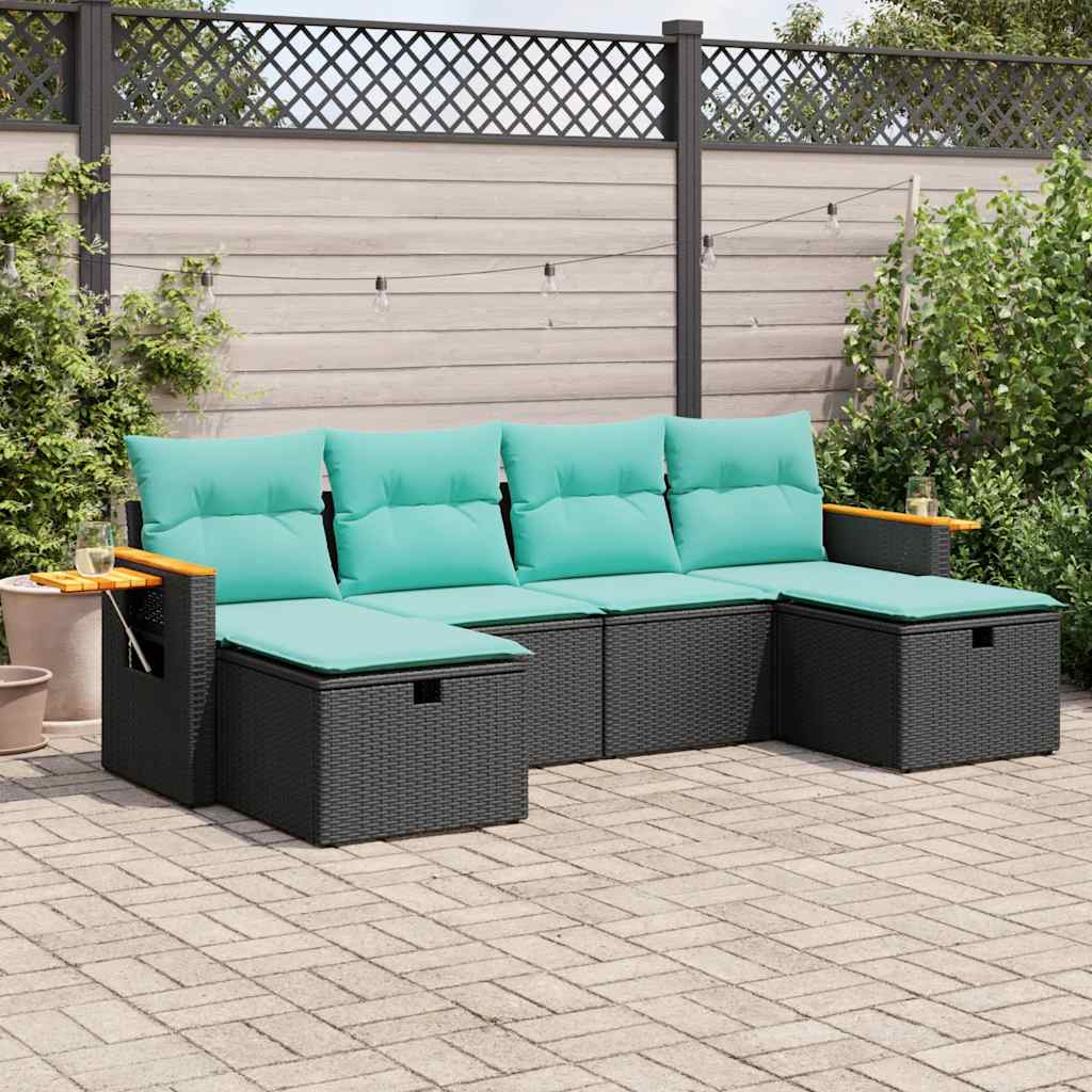 Set mobilier de gradina cu perne, 6 piese, negru, poliratan — imaginea 2