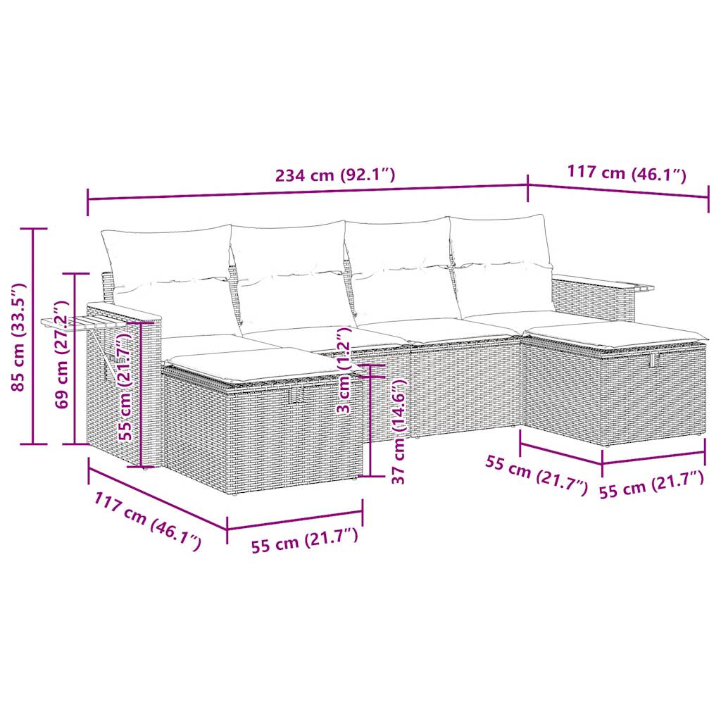 Set mobilier de gradina cu perne, 6 piese, negru, poliratan — imaginea 13