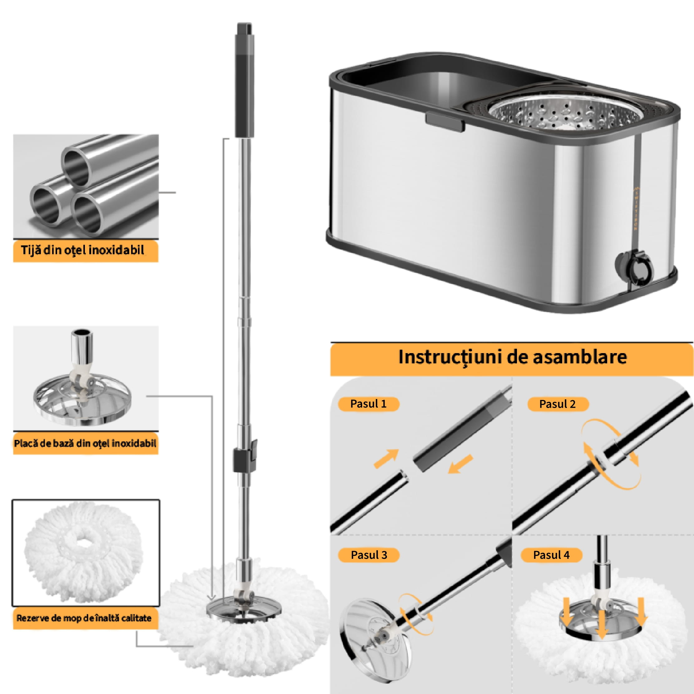 Set cu mop rotativ si galeata din otel inoxidabil, Tija ajustabila, F7, Auriu - imagine 5
