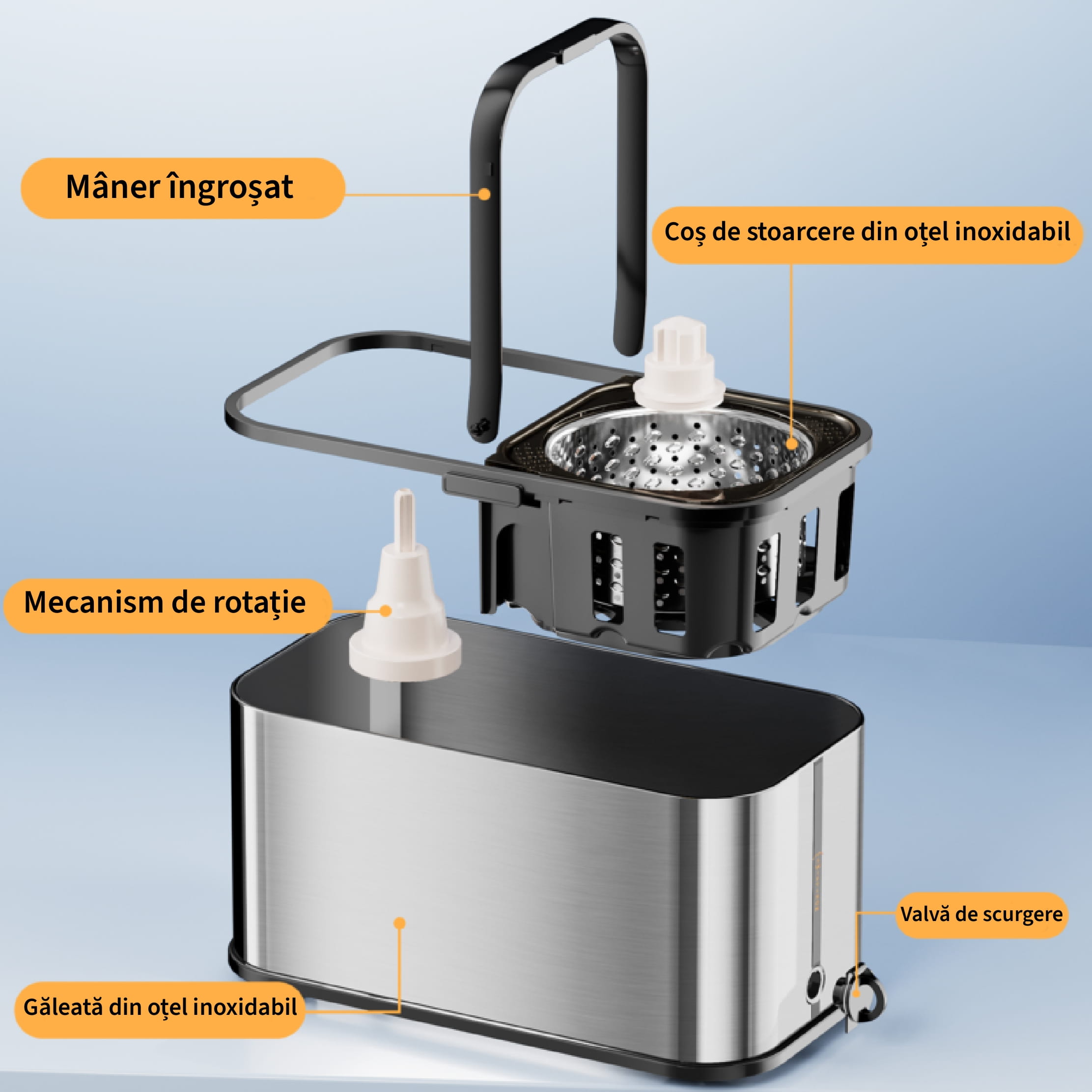 Set cu mop rotativ si galeata din otel inoxidabil, Tija ajustabila, F7, Auriu - imagine 6