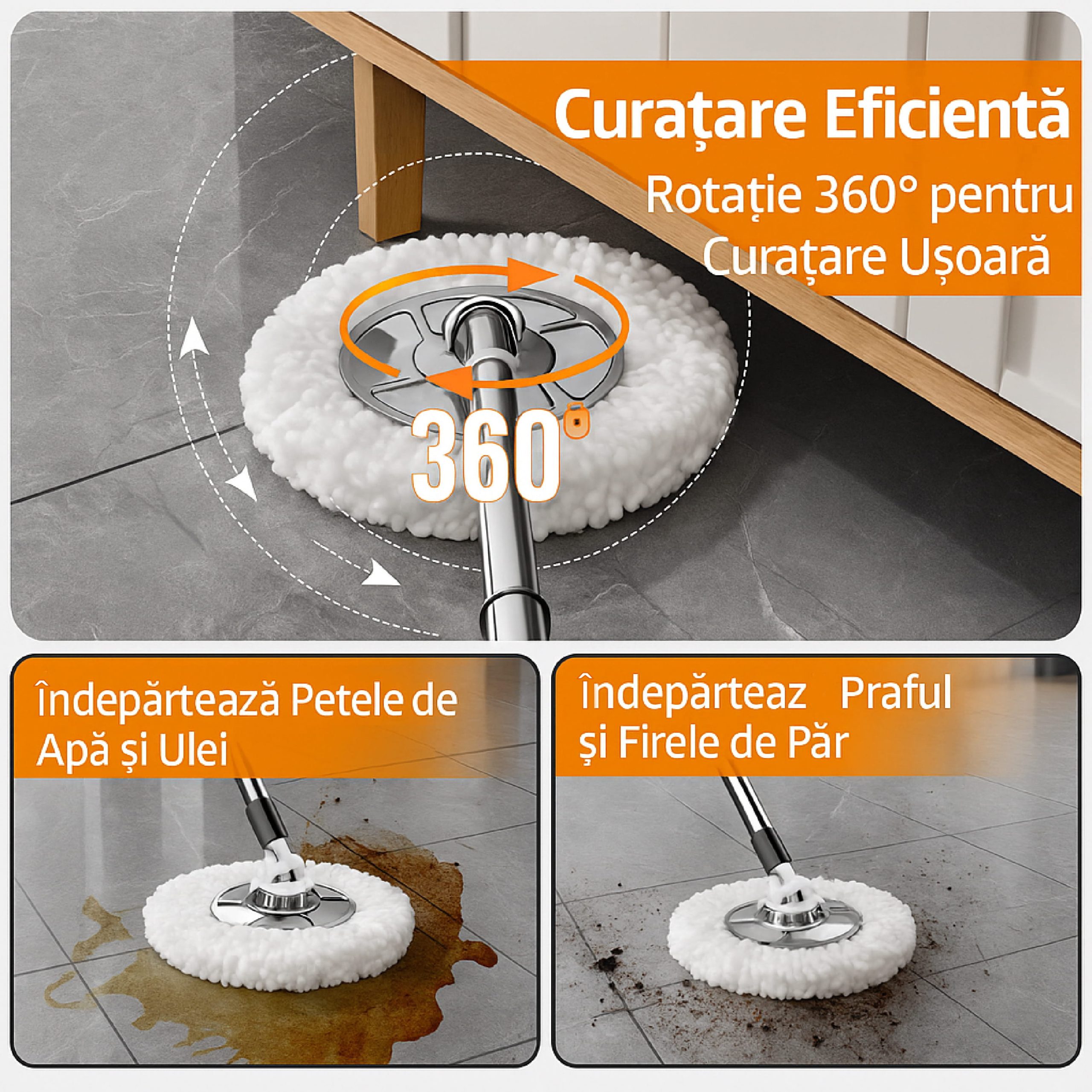 Set cu mop rotativ si galeata din otel inoxidabil, Tija ajustabila, F7, Auriu - imagine 7