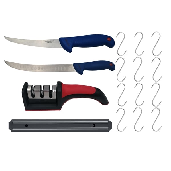 Set de macelarie DEPOX®, filetat, cutitul bucatarului, ascutitoare, suport magnetic si 12 carlige macelarie — imaginea 5