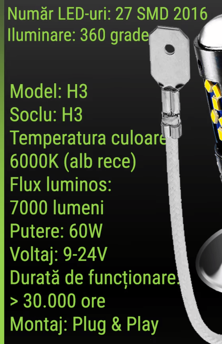 Set 2 becuri auto LED H1 cu lupa 60W 27 SMD 12V 6000K 7000lm - imagine 2