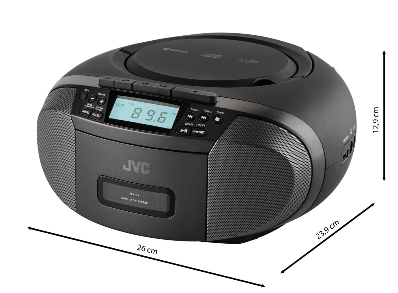 Radiocasetofon stereo cu CD JVC RC-E444B, 4W RMS, Bluetooth, USB, afisaj LCD, ceas, negru