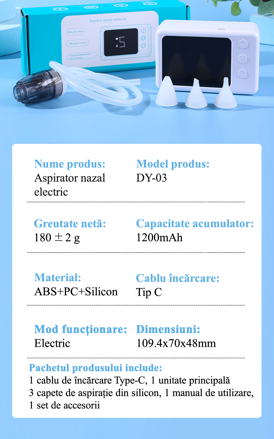 Aspirator Nazal Electric pentru Bebelusi, 5 Trepte de Putere, pentru Curatarea Mucozitatilor Nazale la Nou-Nascuti