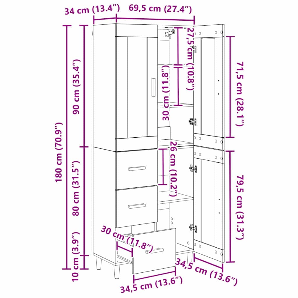 Bufet cu sertar Lemn Vechi 69,5 x 34 x 180 cm Lemn compozit — imaginea 13