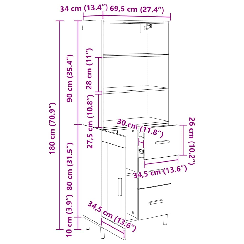 Bufet Pe perete Lemn vechi 69,5 x 34 x 180 cm Lemn compozit — imaginea 13