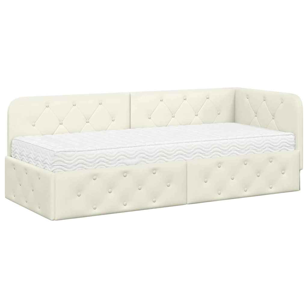 Cadru de pat coltar cu saltea Crem 80 x 200 cm Catifea
