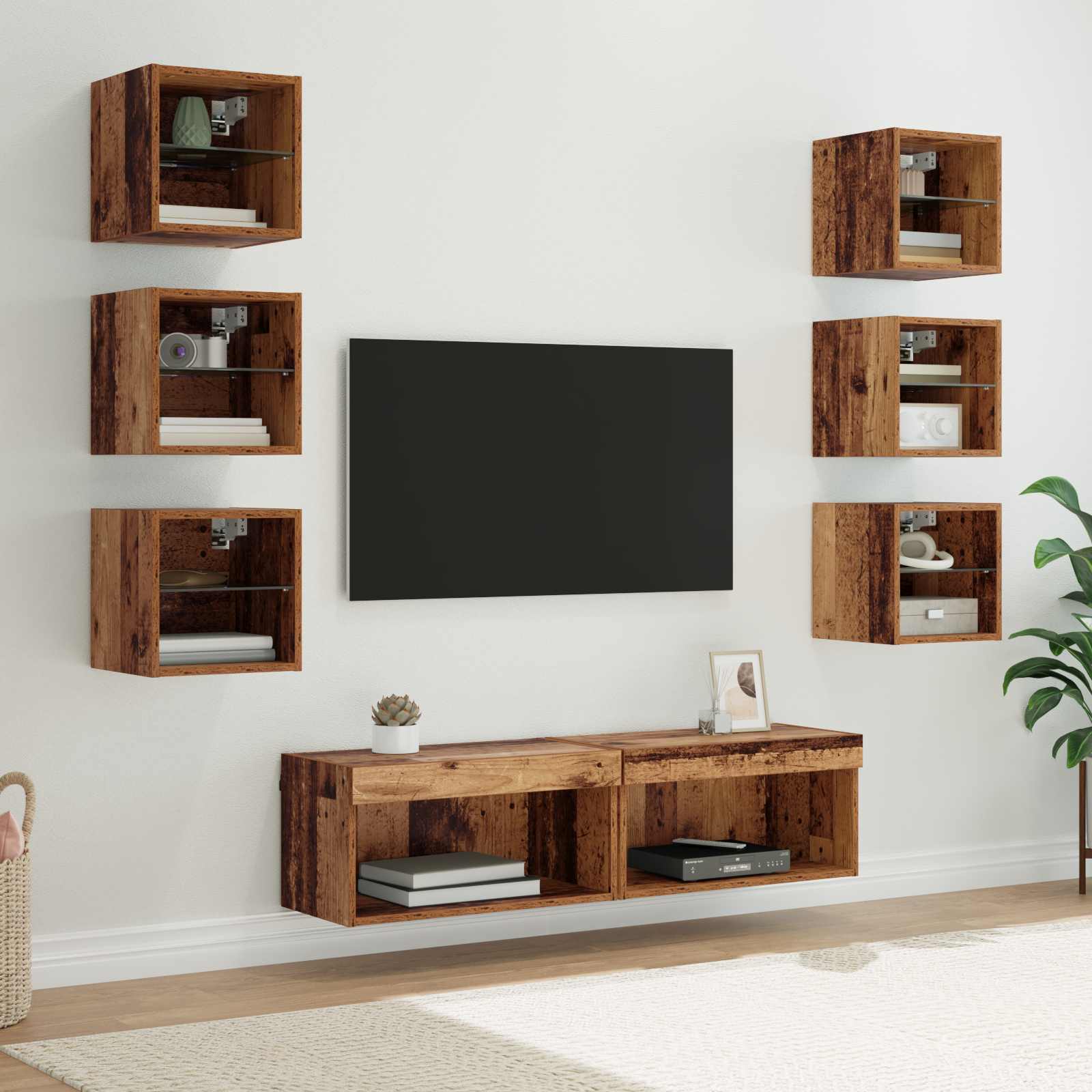 Cabinet TV cu lumini cu banda LED 8 pcs Lemn Vechi Sticla — imaginea 2