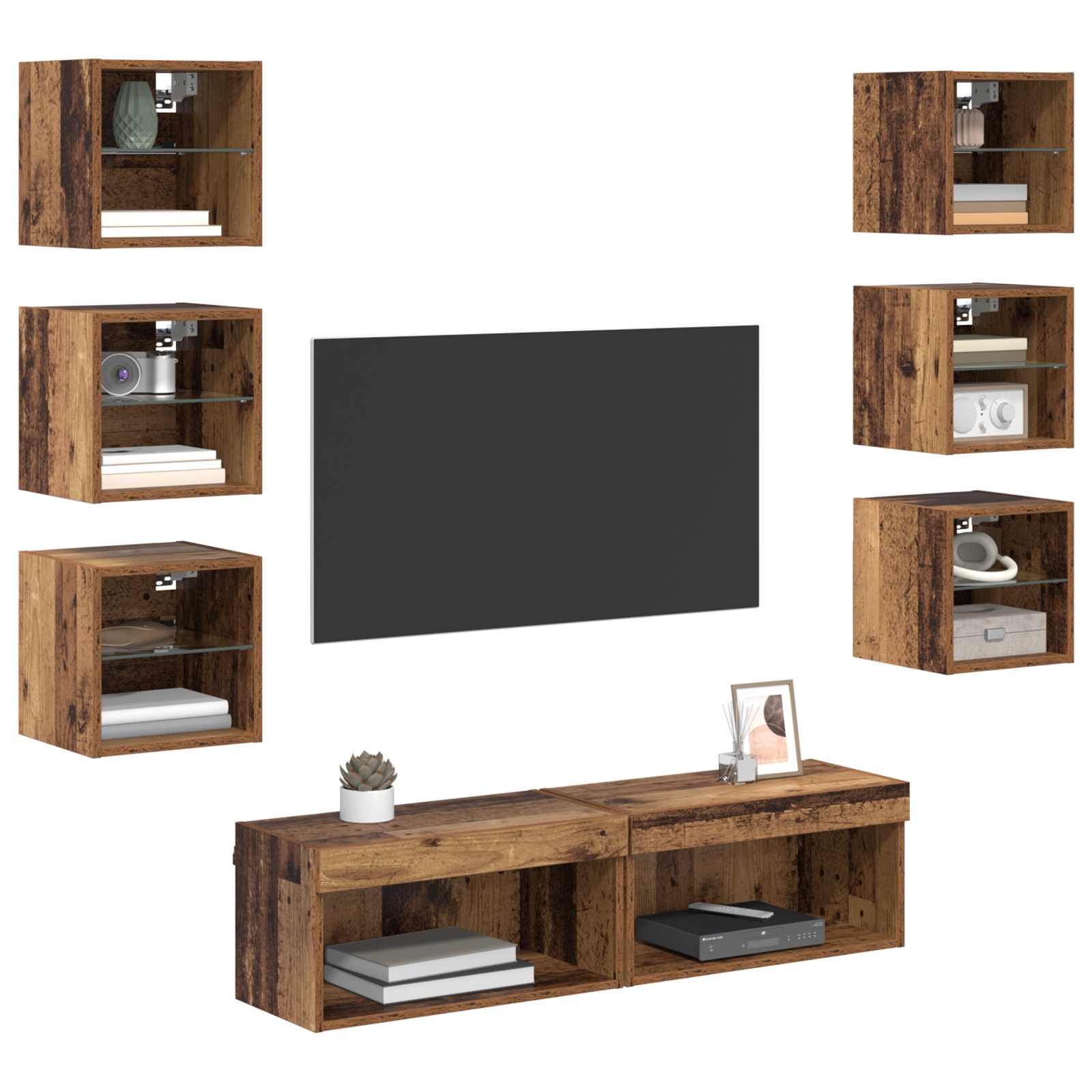 Cabinet TV cu lumini cu banda LED 8 pcs Lemn Vechi Sticla — imaginea 3