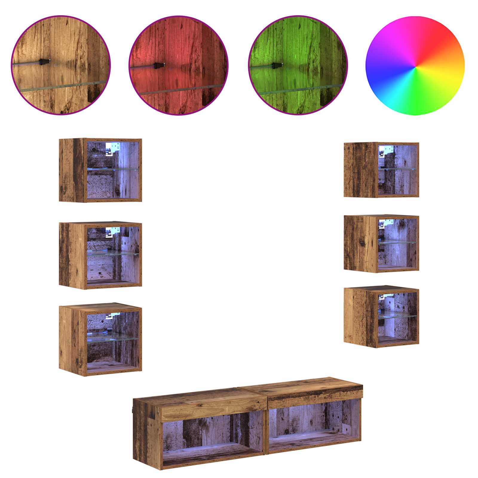 Cabinet TV cu lumini cu banda LED 8 pcs Lemn Vechi Sticla — imaginea 4