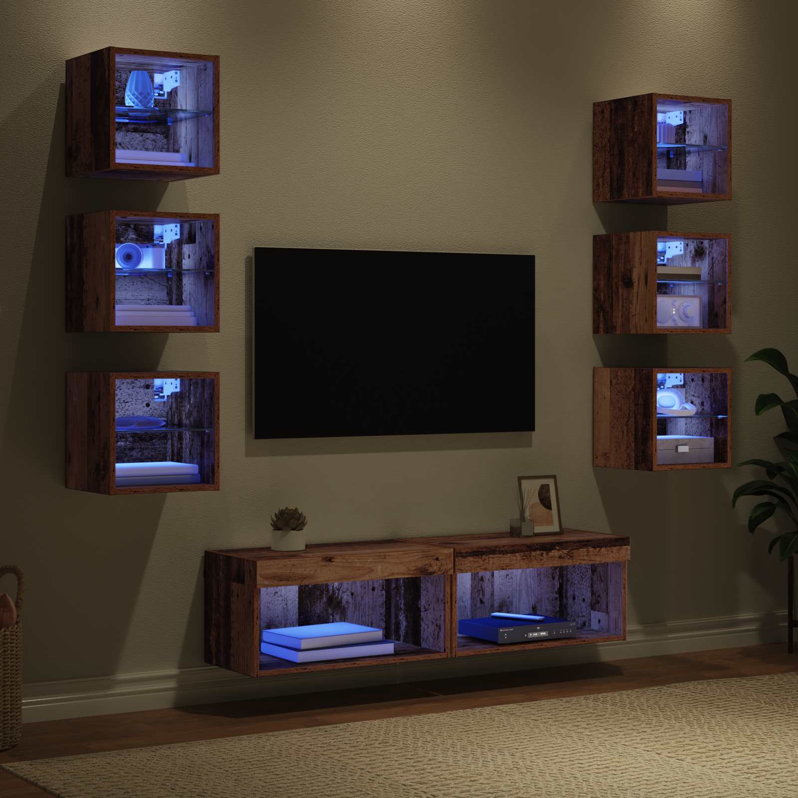 Cabinet TV cu lumini cu banda LED 8 pcs Lemn Vechi Sticla — imaginea 5