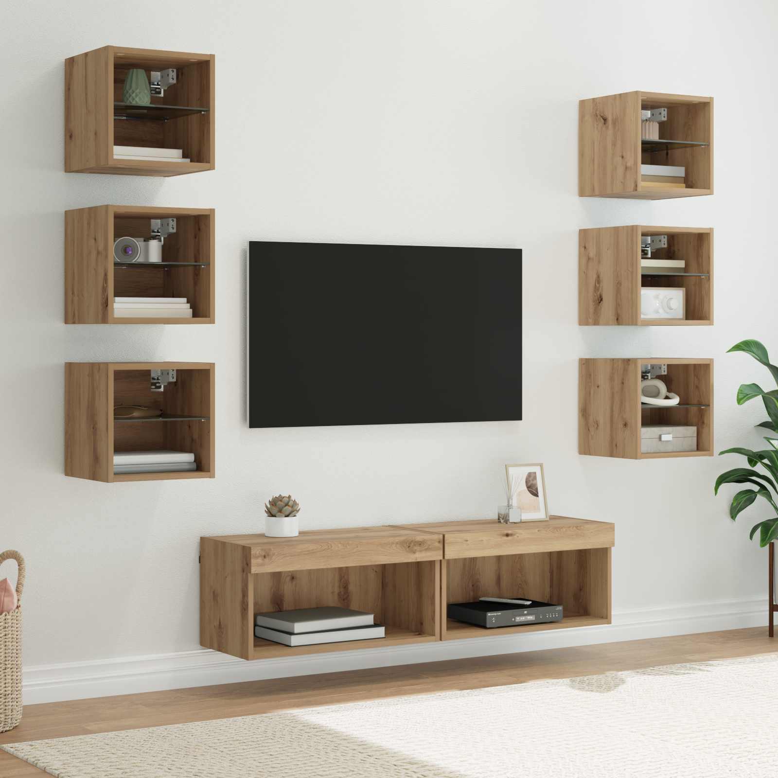 Cabinet TV cu lumini cu banda LED 8 pcs Stejar Artizanal Sticla — imaginea 2