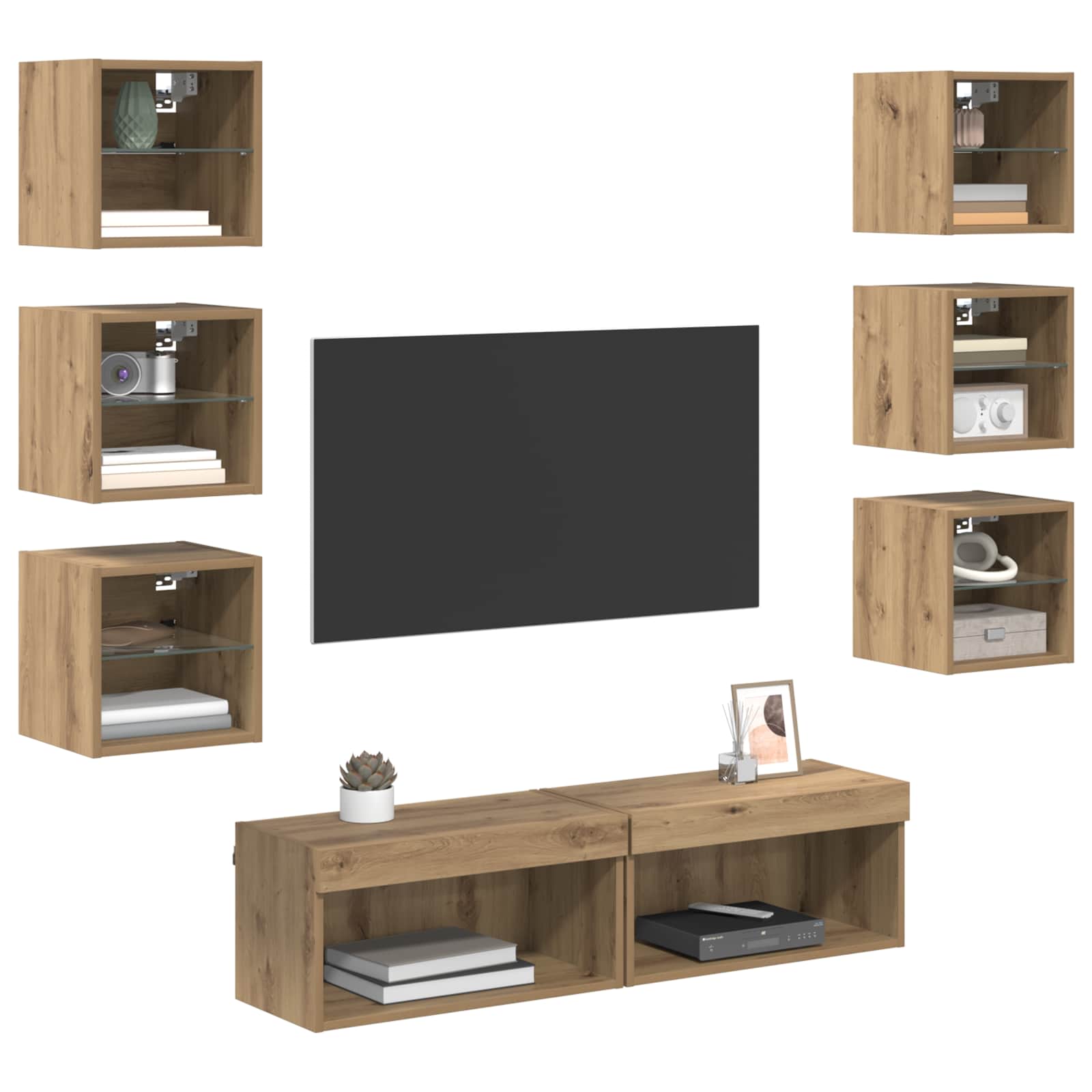Cabinet TV cu lumini cu banda LED 8 pcs Stejar Artizanal Sticla — imaginea 3