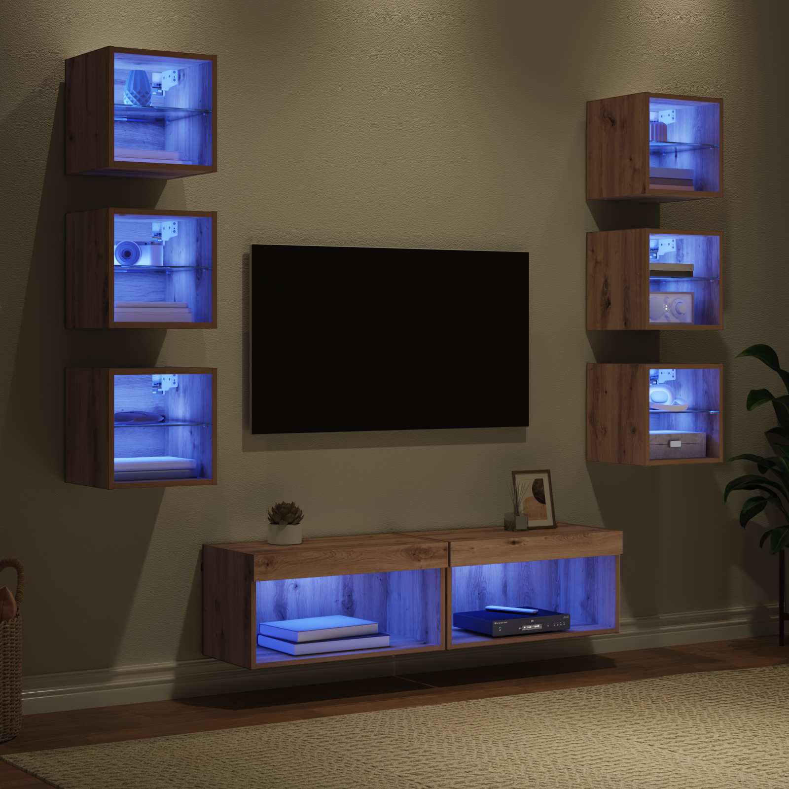 Cabinet TV cu lumini cu banda LED 8 pcs Stejar Artizanal Sticla — imaginea 5