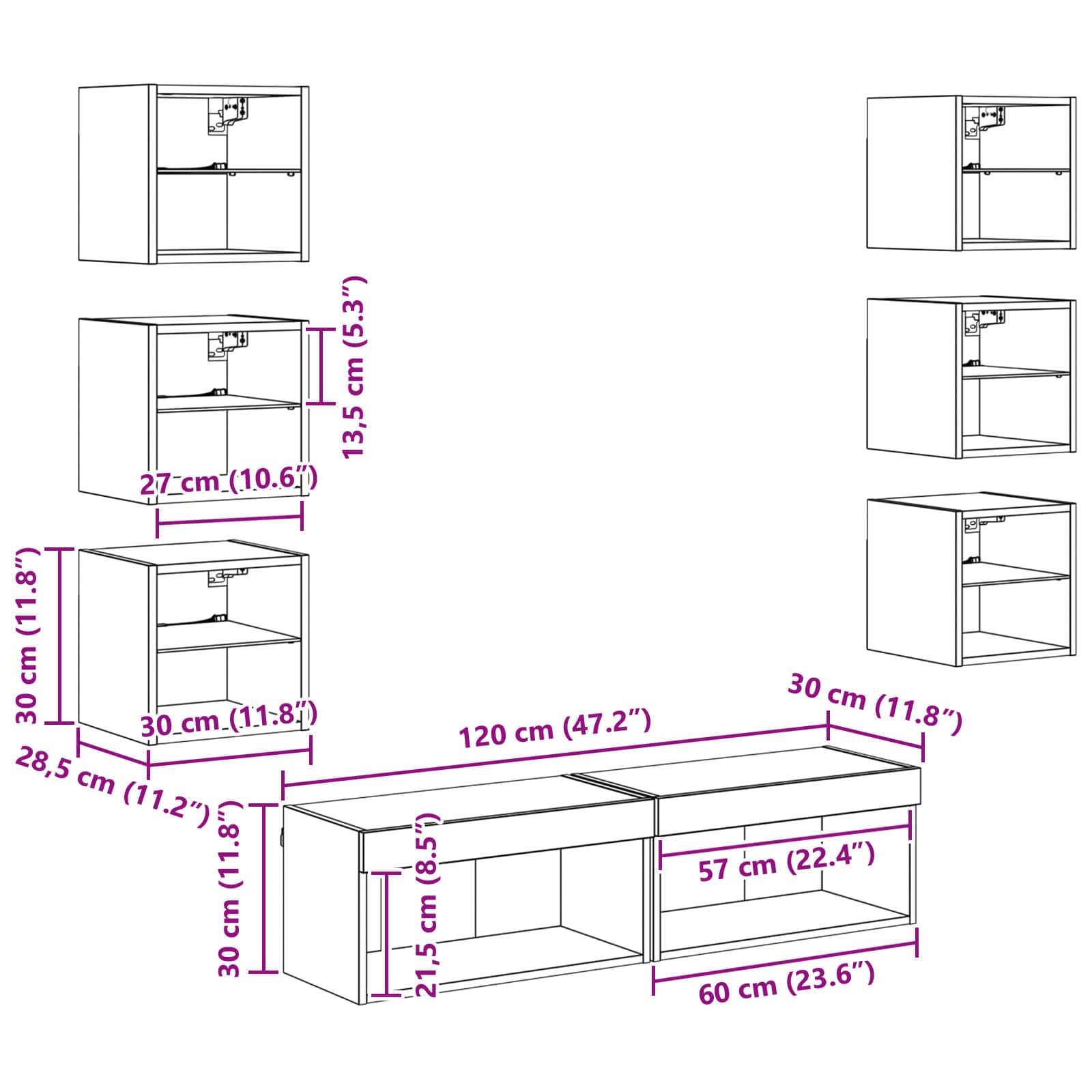 Cabinet TV cu lumini cu banda LED 8 pcs Stejar Artizanal Sticla — imaginea 13