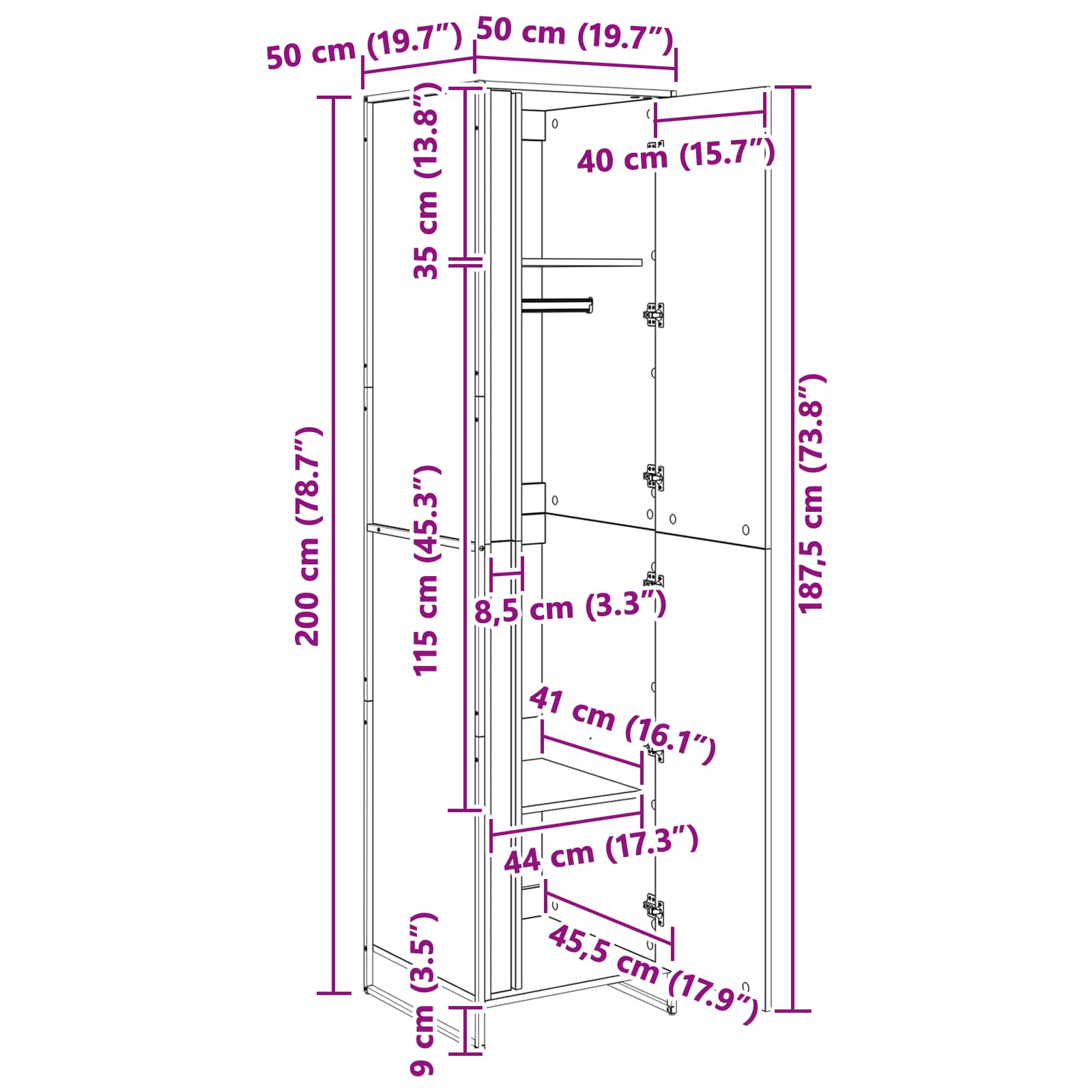 Dressing cu usa 2 pcs Gri Sonoma 50 x 50 x 200 cm Lemn compozit — imaginea 13