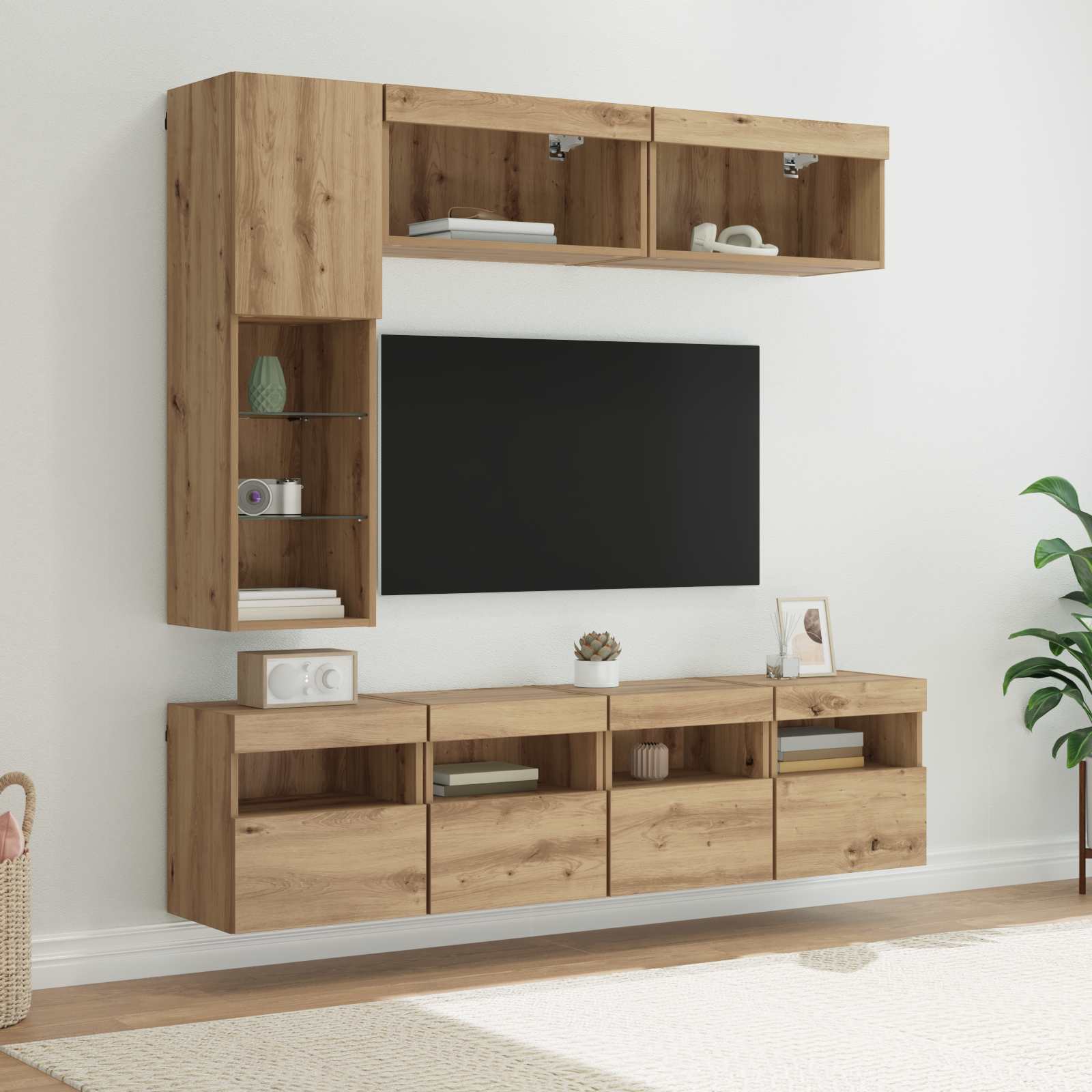 Cabinet TV Pe perete 7 pcs Stejar Artizanal Lemn compozit — imaginea 2
