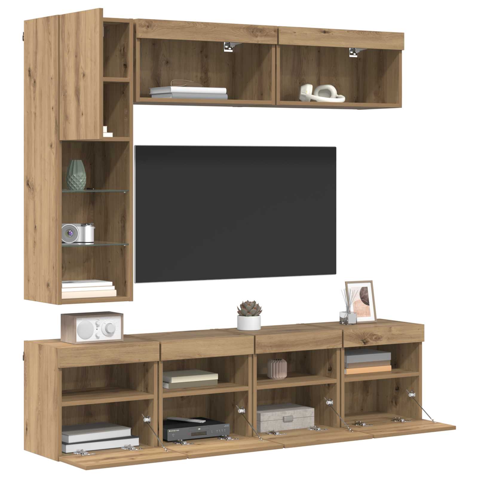 Cabinet TV Pe perete 7 pcs Stejar Artizanal Lemn compozit — imaginea 3