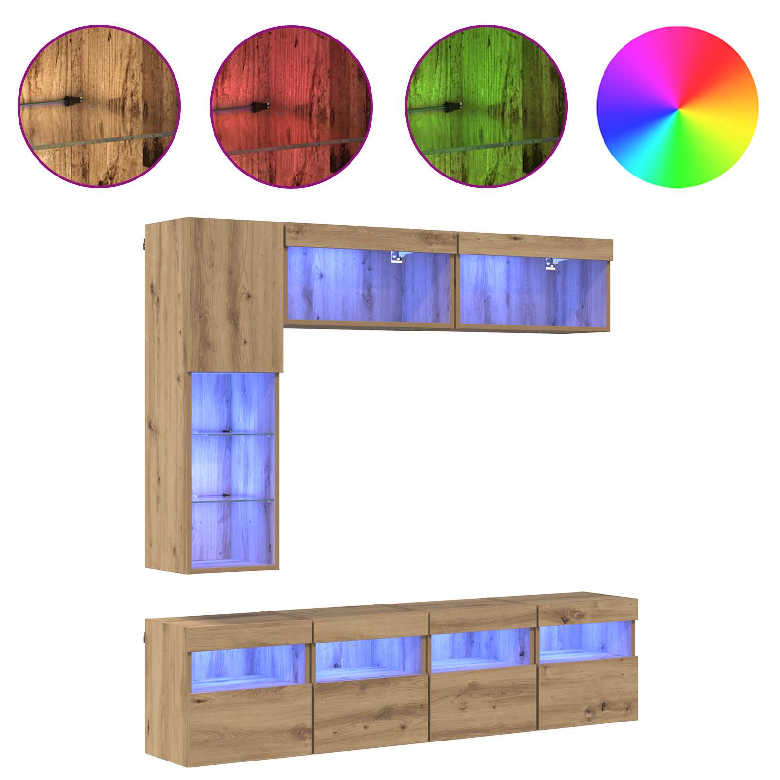 Cabinet TV Pe perete 7 pcs Stejar Artizanal Lemn compozit — imaginea 4